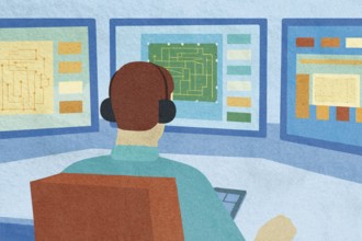 A business professional is focused on analyzing data displayed on three monitors The environment is