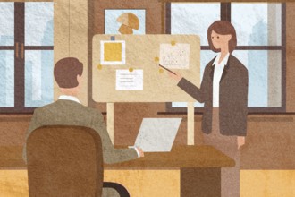 Two professionals engage in a discussion within a modern office One outlines ideas on a