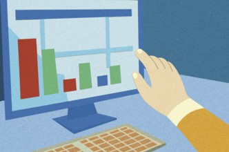 A hand interacts with a computer screen displaying colorful bar graphs and line charts,