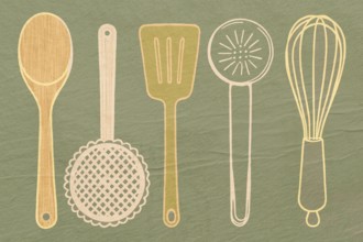 Different kitchen utensils are displayed including a wooden spoon, spatula, strainer, and whisk.