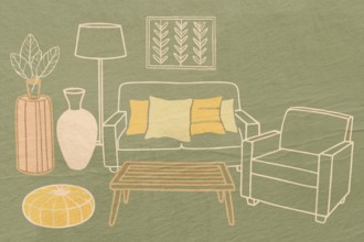 This artwork features a cozy living room with a sofa, plant, and accessories, all designed in a