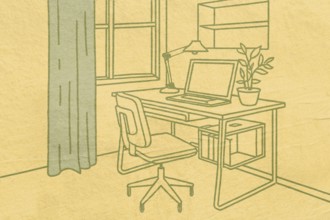 A cozy workspace is illustrated with a desk, chair, and laptop near a window. A plant and lamp