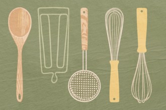 A colorful illustration featuring a variety of kitchen utensils including a wooden spoon, rolling