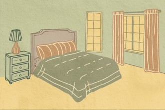 A cozy bedroom featuring a comfortable bed, a bedside lamp, and large windows. The warm color