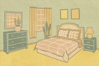 An inviting bedroom showcasing colorful vintage-style decors such as a classic bed, green dresser,