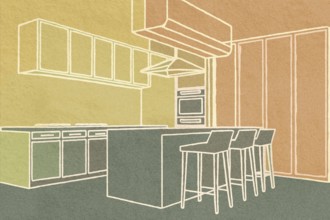 This illustration features a sleek kitchen layout with an island, stools, cabinets, and cooking
