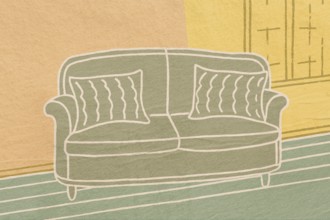 This illustration presents a cozy home environment, showcasing a chic sofa with decorative