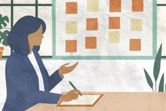 A businesswoman is seated at a table, writing notes while gesturing towards a wall covered with