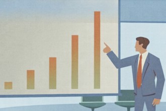 A professional addresses an audience in a sleek office, presenting a bar chart that shows