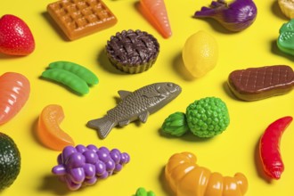 A vibrant collection of colorful plastic food models against a yellow background depicts the