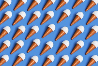 Pattern of plastic ice cream cones on a blue surface, symbolizing the critique of junk food culture