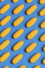 Stylized corn cobs arranged on a vivid blue background, symbolizing critique of junk food and