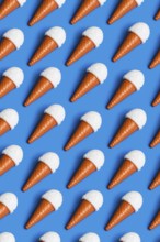 Vibrant pattern of plastic ice cream cones on a blue background, symbolizing critiques of junk food