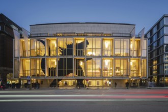 Hamburg State Opera (with Monster's Paradise façade) at blue hour with illuminated stripes of