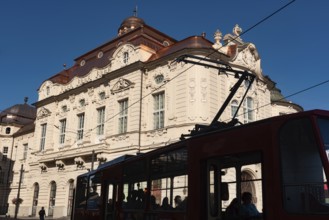 Bratislava, Slovakia. October 2nd 2023 A tram passing the beautiful Baroque era Reduta Bratislava