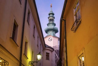 Bratislava, Slovakia. October 2nd 2023 Evening view of Michaels Gate, iconic landmark of pedestrian