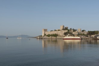 Bodrum, Mugla, Turkey. April 22nd 2022 Beautiful seascape view of Bodrum Castle with Yachts in the
