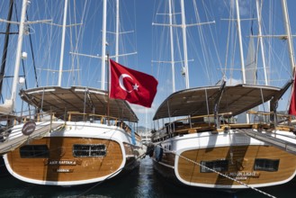 Bodrum, Turkey. April 22nd 2022 Yachts moored in the historical port of Bodrum, Mugla, along the