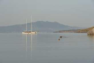 Bodrum, Turkey. April 22nd 2022 Stunning calm seascape with a luxury yacht moored at the Gulf of