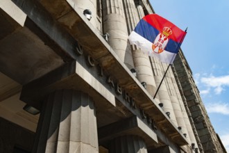 Flag of the Republic of Serbia Outside The General Post Office Building, Belgrade, Serbia