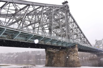 Blue Wonder bridge in snowfall, winter, Germany