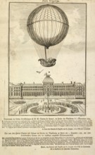 Copper engraving depicting the famous rise of the hydrogen balloon developed by Jacques Charles and