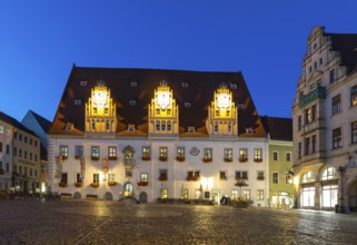 Market square with town hall at blue hour, twilight view, Meissen, Saxony, Germany