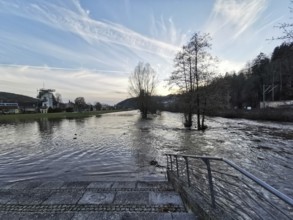 Melting snow causes flooding at the Landesgartenschaugelände in Kronach, Frankenwald nature park