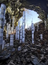Icicles rise in a brightly lit rock cave with colorful leaves, hiking in the Franconian Forest
