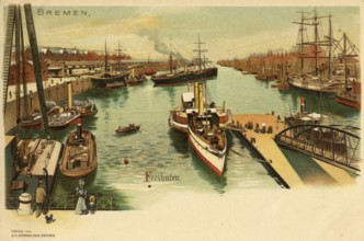 Historical postcard around 1900, Bremen, Freihafen, Germany, reproduction of a postcard, historical