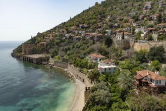 Alanya, Turkey. April 7th 2021 Beautiful view of Alanya peninsular and the old Shipyard and castle