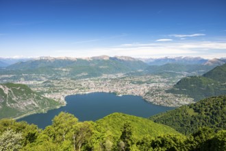 View of Lake Lugano and Lugano from Mount Sighignola, Balcone Svizzero, Tessin, Switzerland