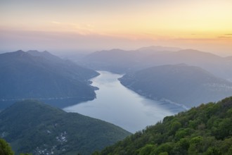 View of Lake Lugano from Mount Sighignola at sunset, Balcone Svizzero, Tessin, Switzerland