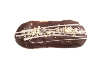 Glazed Chocolate Eclair on brown concrete isolated on white, top view, flat lay, close up