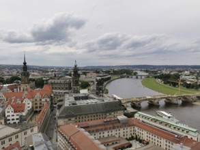 Panoramic view of Dresden, showing river and historic buildings in cloudy skies, Dresden