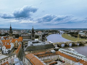 Panoramic view of Dresden with river and historic architecture under dramatic sky, Dresden