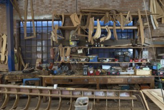 Workbench with spare parts for gondolas, boatyard, Giudecca, Veneto, Italy
