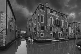 Palazzo on the canal, black and white, Venice, Veneto, Italy