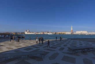 View of Venice from San Giorgio Maggiore Island, front terrace with flood walkways, Venice, Veneto,
