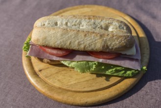Ham and cheese baguette on a wooden plate, Italy