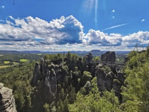 Breathtaking view of the bastion in Saxon Switzerland, rock formations under a clear blue sky