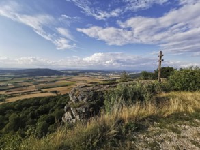 View from Staffel Mountain over the Gottesgarten, with a wooden cross, Upper Franconia