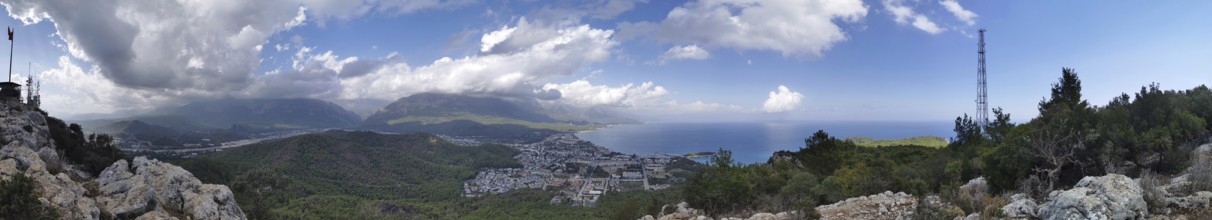 Panoramic view from Calis Tepe in Kemer of a coastal region with mountains, sea and dramatic