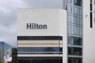 Batumi, Georgia. July 21st 2025. The Hilton brand sign outside the seafront hotel in Batumi, on the