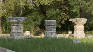 Three stone column remains in a green area, Archaeological Site, Ancient Olympia, Olympia,