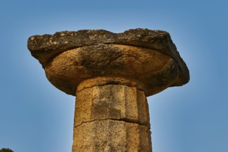 Temple of Hera, Temple of Hera, Heraion, close-up of an ancient capital against a clear blue sky,
