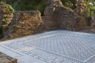 Kladeos Baths, mosaic floor in the ruins of an old building, Archaeological Site, Ancient Olympia,