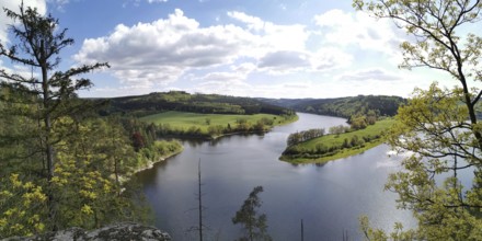 An impressive view of the meandering Saale between green hills and forests, hiking in the