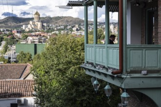 Tbilisi, Georgia. September 12th 2025 Traditional wooden balcony of a local Georgian house