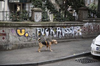 Tbilisi, Georgia. August 26th 2025. Anti-Russian graffiti is spray painted onto a wall in the